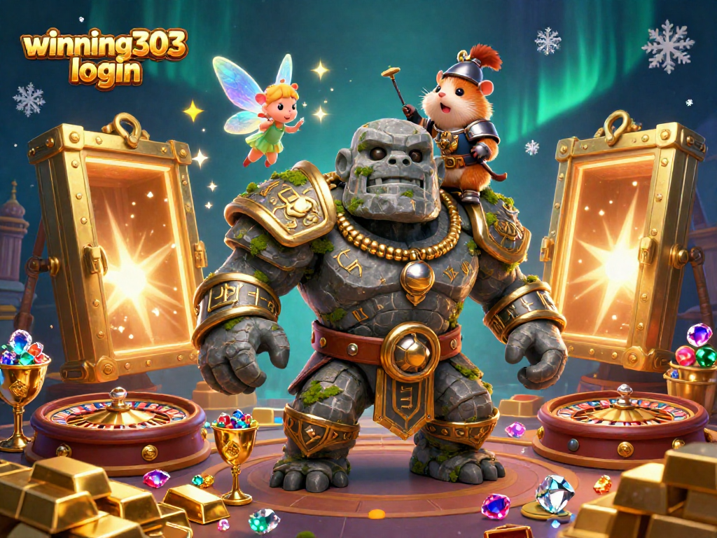 Experience the excitement of winning303 login in this magical casino-themed illustration featuring a golem guardian, fairy, and hamster knight.