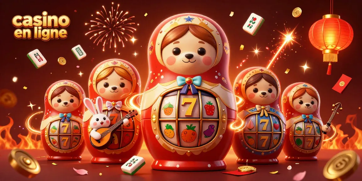 Illustration engageante de casino en ligne avec un ours Matryoshka et des éléments animés autour de lui.