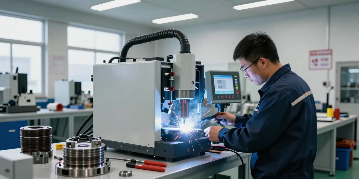 Induction welder in action, demonstrating precision and efficiency in industrial workspace.
