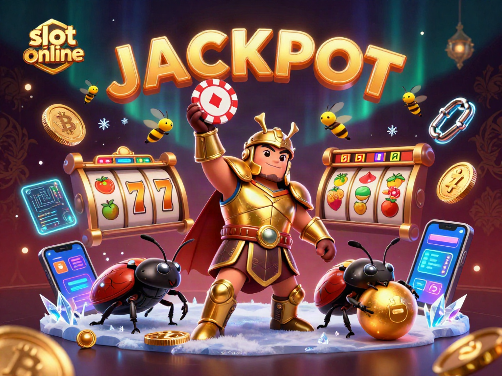 Engage with the thrilling world of slot online as victorious characters celebrate a jackpot.