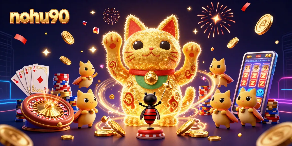 Nohu90 showcases a lively 3D scene of a lucky cat and fireflies amid casino symbols, bringing excitement to players.