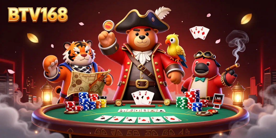 BTV168 gaming scene with a cartoon pirate bear and tiger amid poker elements and vibrant colors.