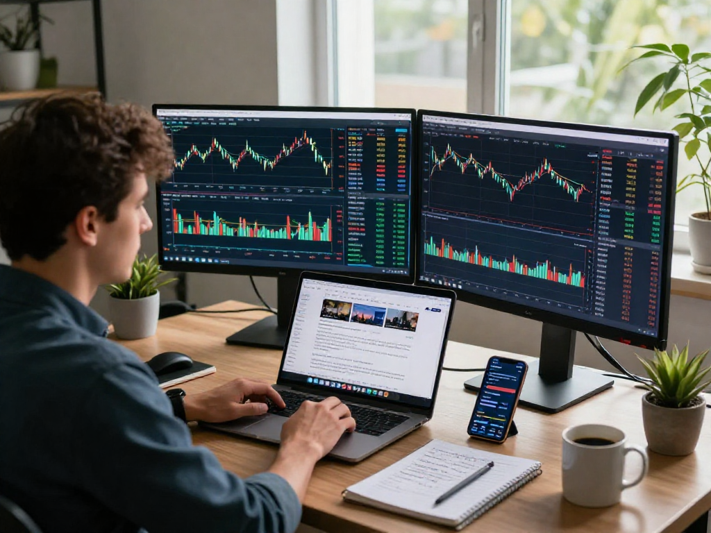 Trader using TradingView on dual monitors with market data, charts, and alerts in a sleek office environment.