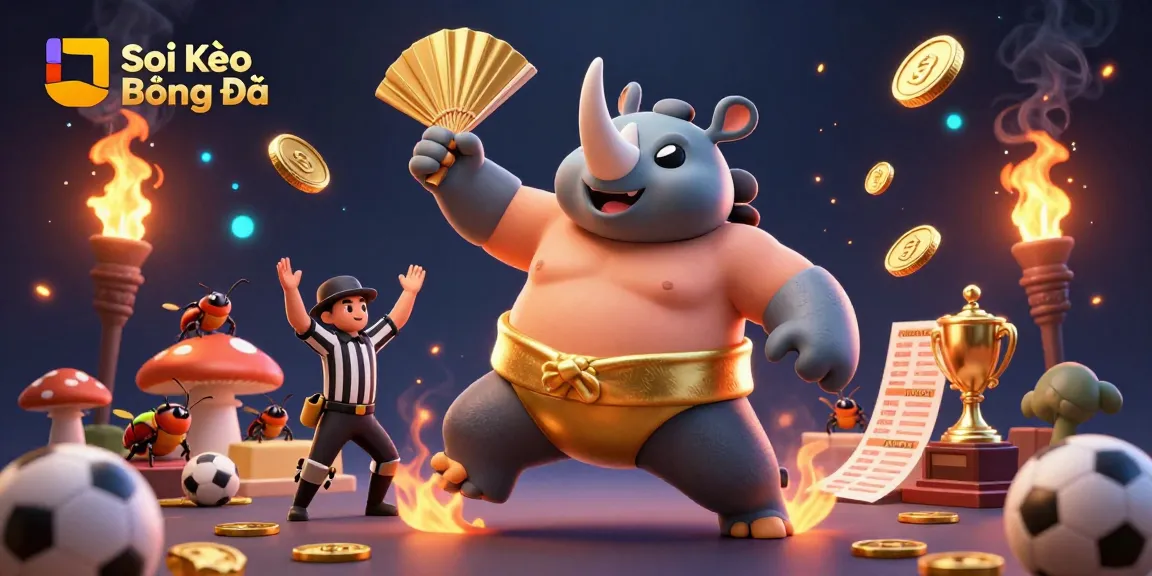 Soi Kèo Bóng Đá vibrant scene showcasing a beetle sumo champion amidst golden coins and sports elements, captivating visual energy.