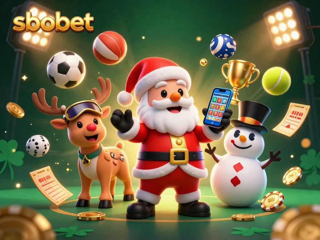 SBOBET enhances sports betting excitement with festive 3D characters in a vibrant casino scene.