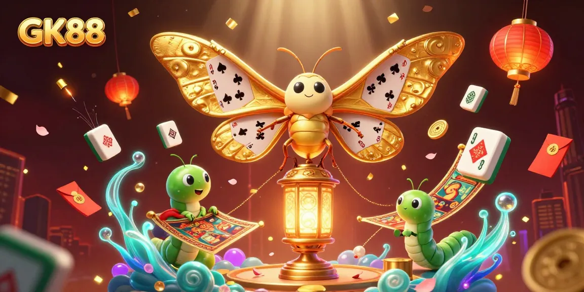 Experience GK88's vibrant casino atmosphere with golden moths and festive elements.