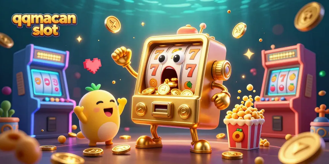 Experience the thrilling qqmacan slot as the lucky slot machine hits a jackpot with coins pouring out.