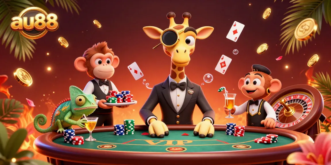 Win big at au88 with a giraffe, valet monkey, and chameleon bartender in a vibrant casino scene.