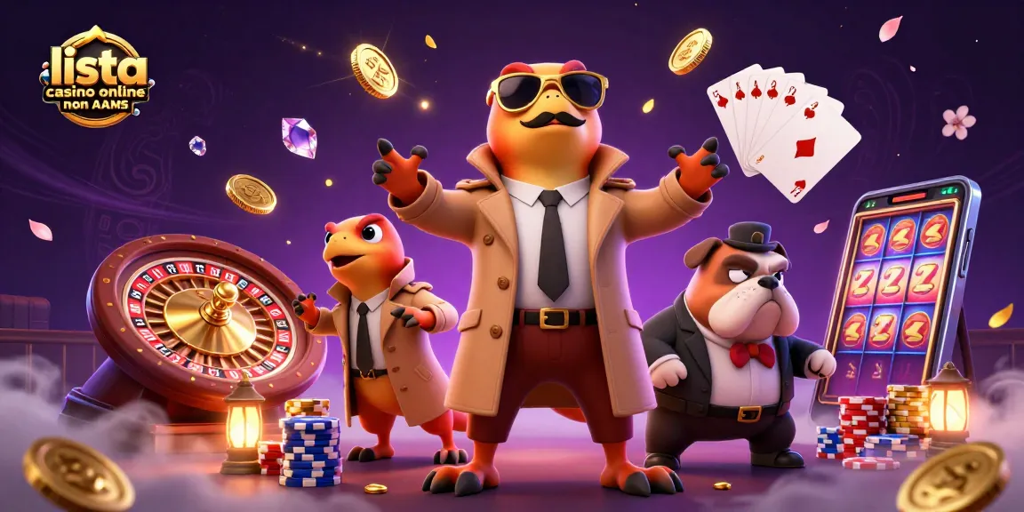 Scopri la lista casino online non AAMS con raptor in trench e un bulldog bouncer in un'illustrazione vivace.