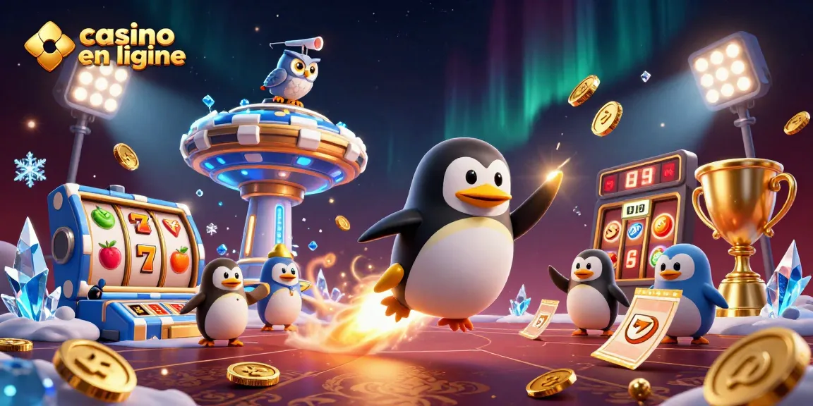 Jouez au casino en ligne avec un pingouin doré et des éléments de jeu captivants.