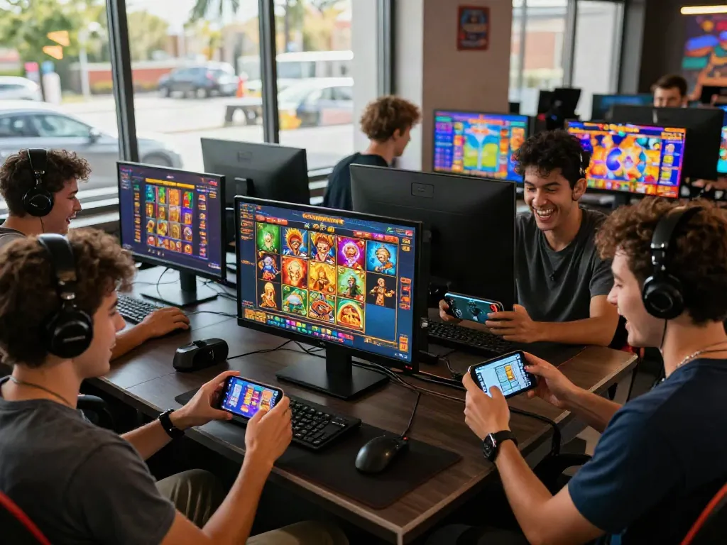 Engaged players exploring slot gacor hari ini in a vibrant gaming lounge with colorful interfaces.