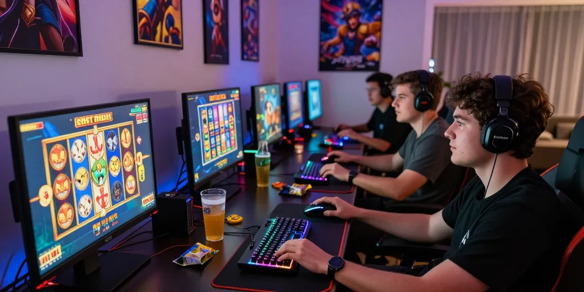 Group enjoying a bandar slot game session on a computer, with colorful visuals and snacks around.