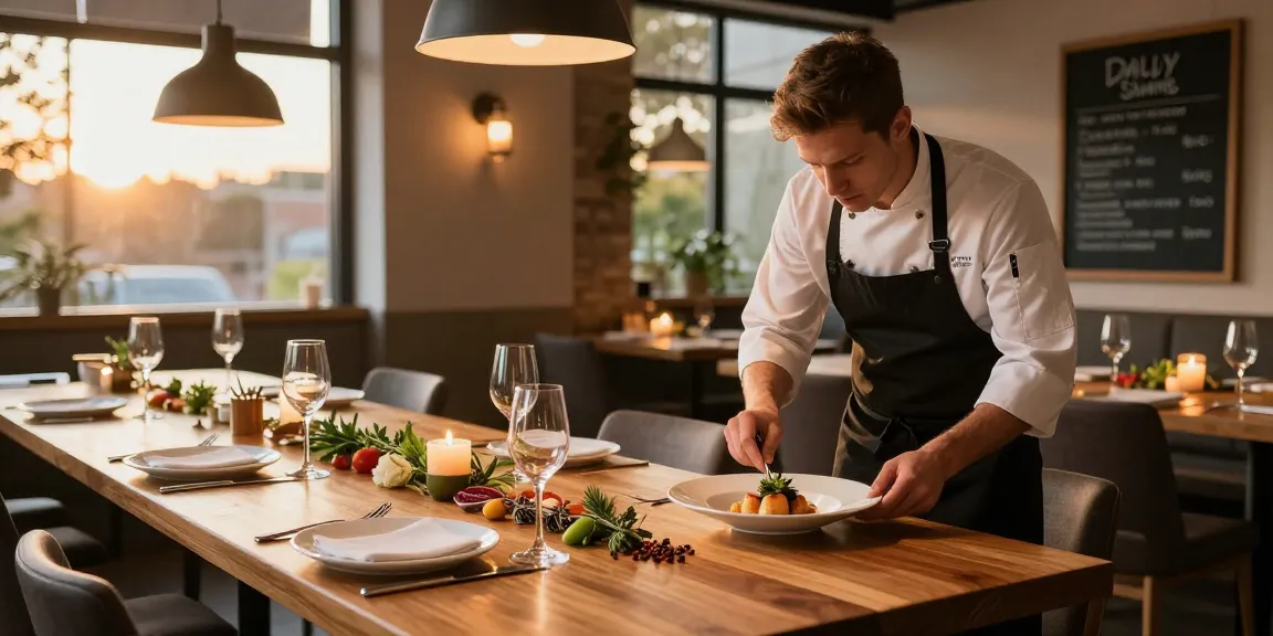 Chef creating gourmet dish showcasing restaurant recruitment services in a warm dining atmosphere.