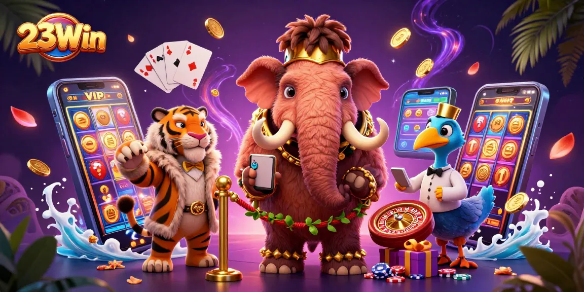 Experience the excitement of 23Win with our vibrant casino illustration, showcasing engaging gaming elements and characters.