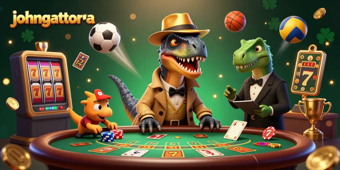Engage in thrilling action with johngattorna at a blackjack table featuring a velociraptor card counter, dynamic sports elements, and golden treasures.