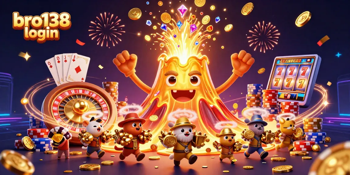 Engage in thrilling casino gameplay with bro138 login, surrounded by triumphant treasures and vibrant winning elements.