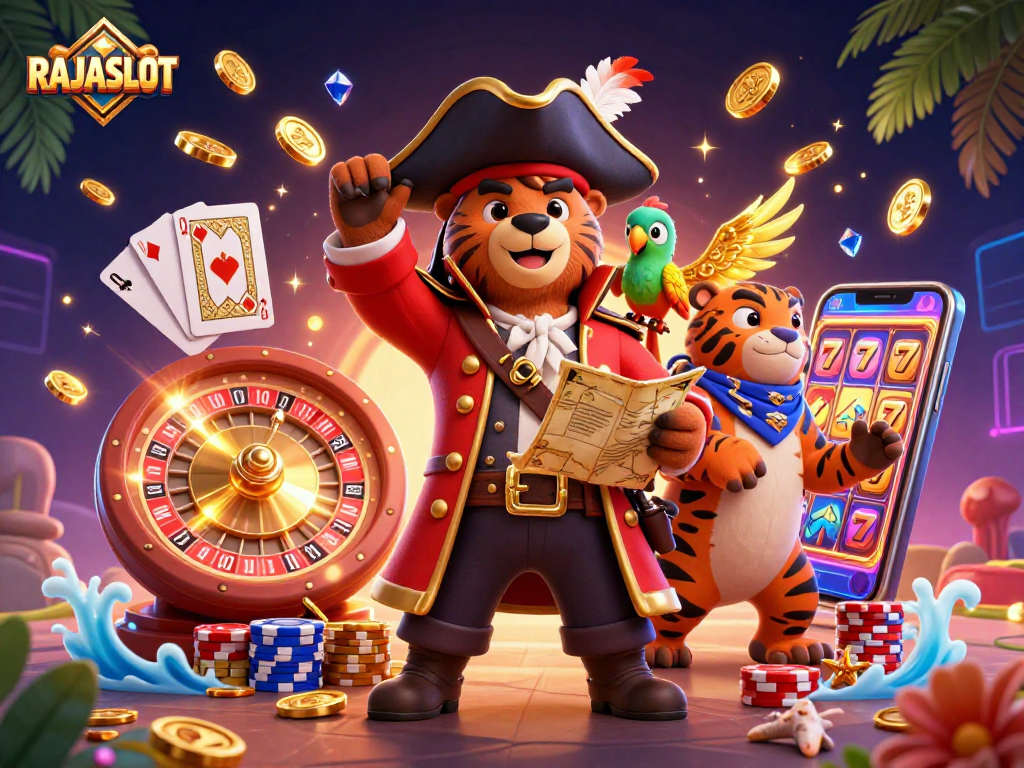 RAJASLOT mempersembahkan permainan slot seru dengan jackpot besar di ilustrasi kasino 3D.