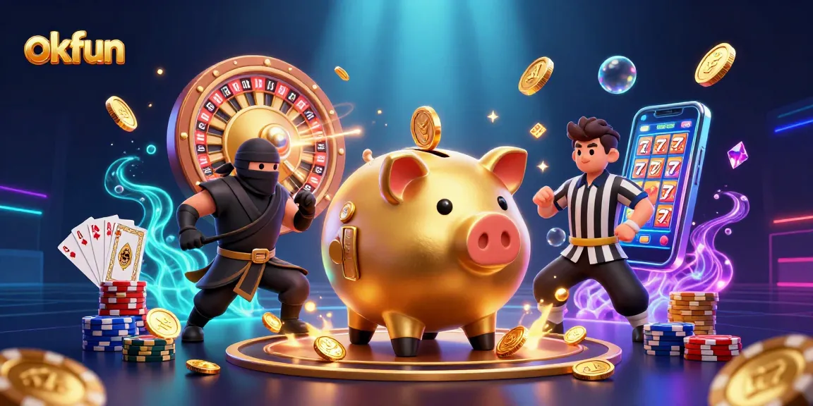 Play thrilling casino games and win big at okfun with exciting golden piggy bank and vibrant elements.