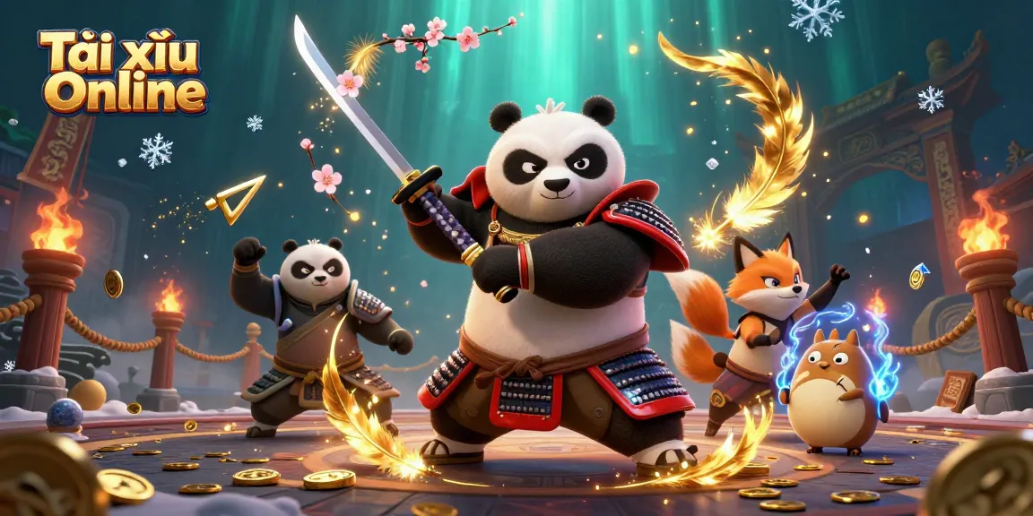 Engage in Tài xỉu Online action with a dynamic 3D illustration featuring samurai, fox, and magical elements.