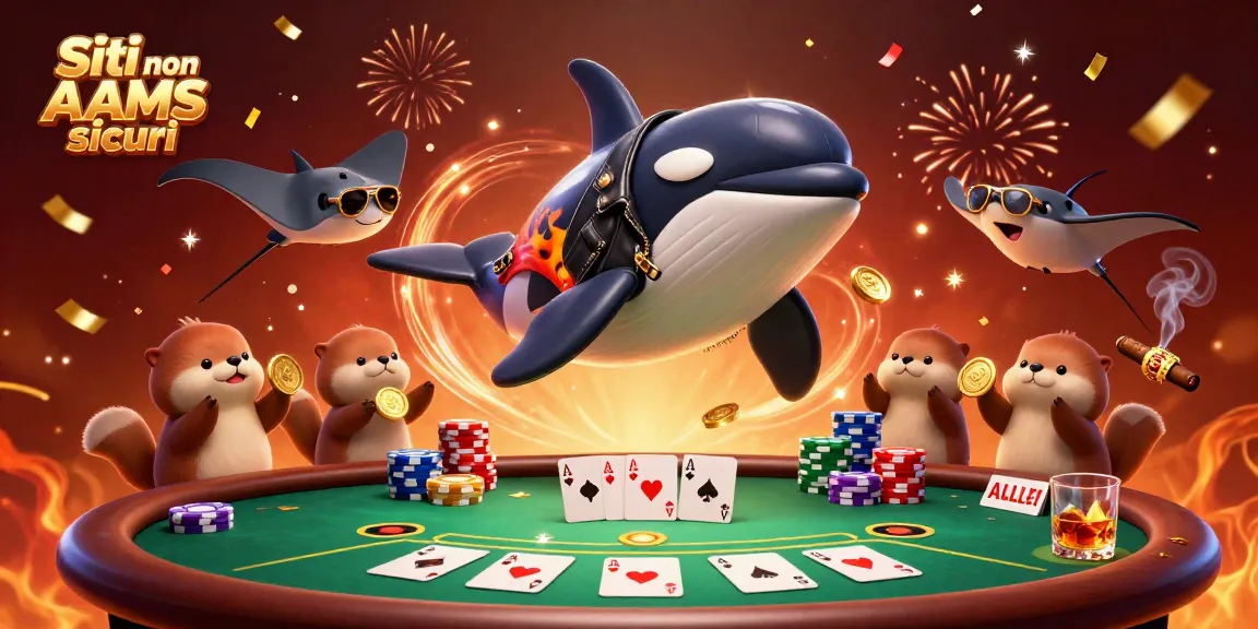 Siti non AAMS sicuri celebrano con una vivace scena di casinò caratterizzata da personaggi animati ed elementi di poker.