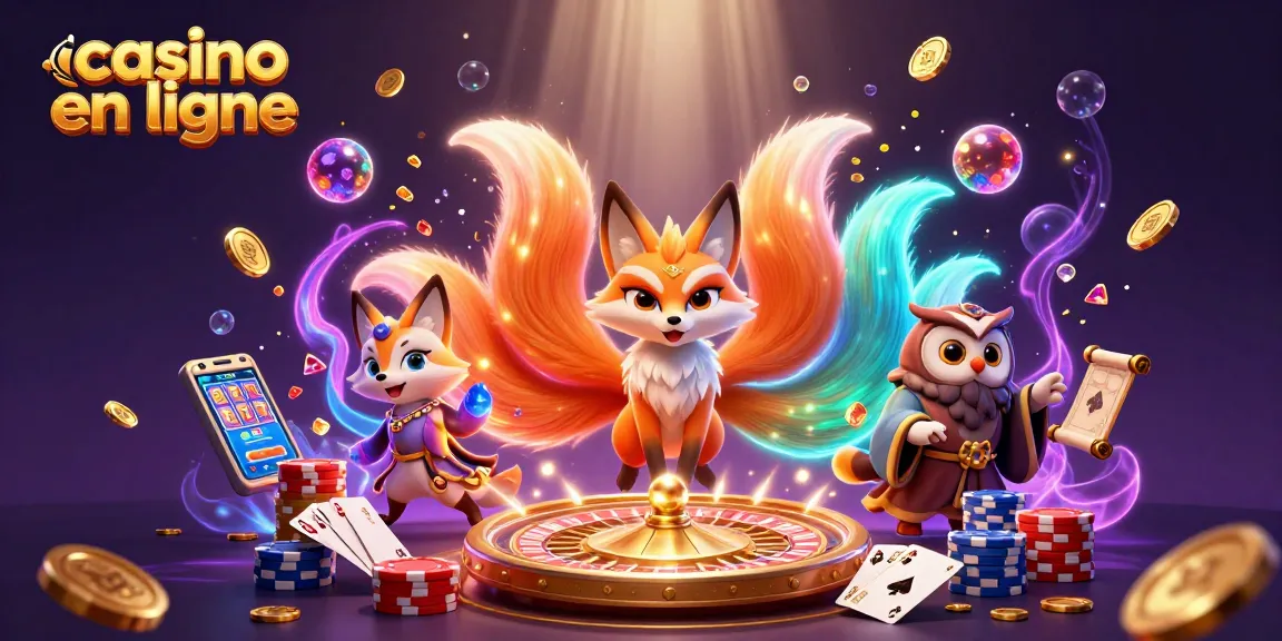 Gagnez aux jeux de casino en ligne avec un renard à neuf queues et un hibou sage, entourés de jetons et de cartes.