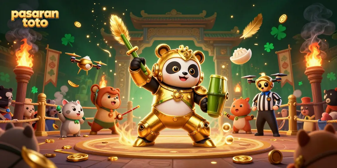 Experience the thrill of pasaran toto with dynamic 3D illustration of a mech-suit panda in a gaming arena.