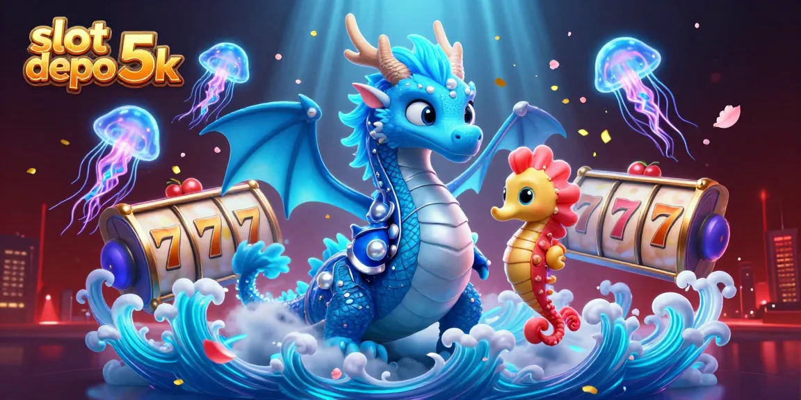 Play exciting slots with slot depo 5k illustrated by a dragon, knight, and glowing jellyfish.