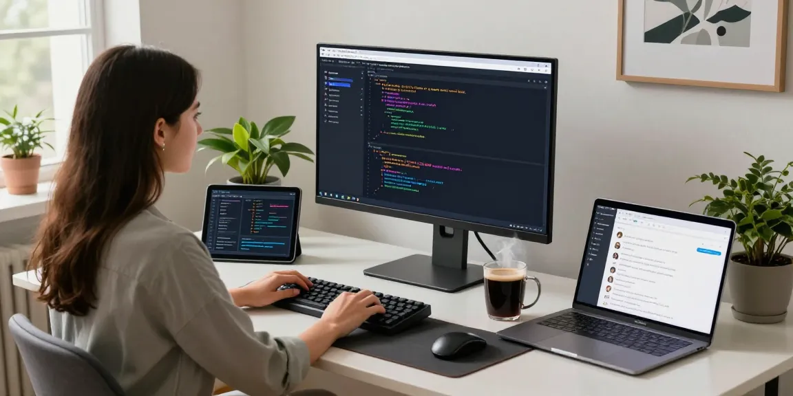 Developer engaged in coding for teiegramin.com in a bright workspace.