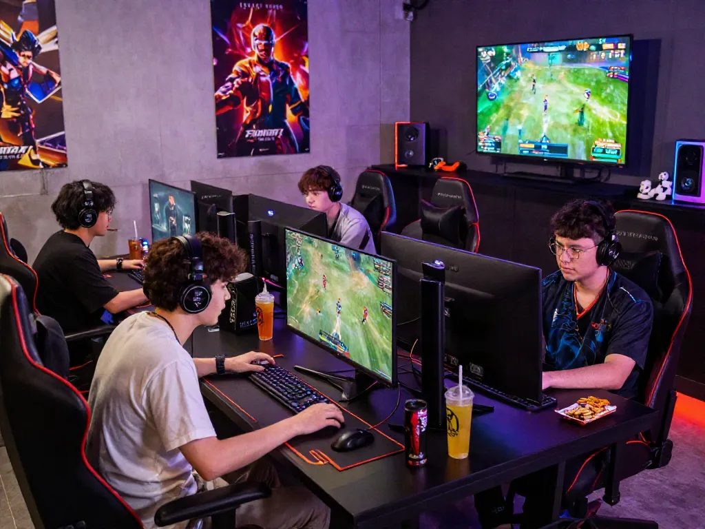 Pemain game fokus pada 7meter login di ruang gaming yang energik.