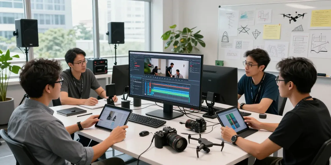 Corporate video recording sg team creatively collaborating in a vibrant studio setting.