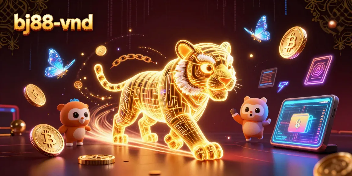 Experience the excitement of bj88-vnd with a neon-lit, animated casino scene featuring a golden tiger and dynamic crypto elements.