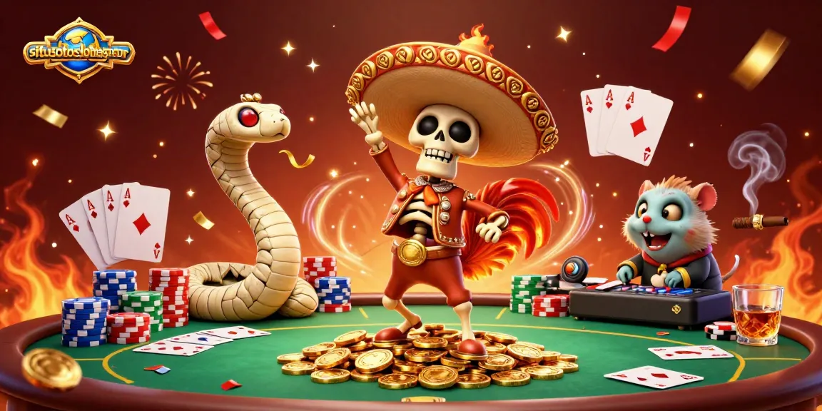 Experience the excitement of winning at situstotoslottergacor with lively characters like a dancing rooster and DJ hamster surrounded by casino elements.