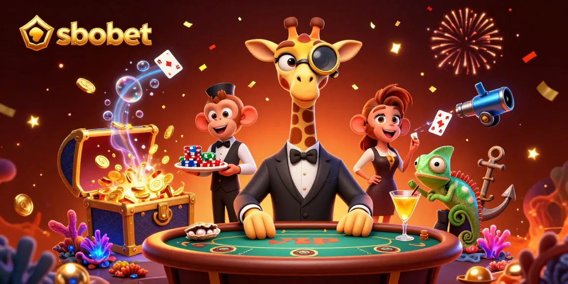 SBOBET’s vibrant gaming scene showcases a high-roller giraffe, monkey valet, and chameleon bartender amidst exciting casino elements.