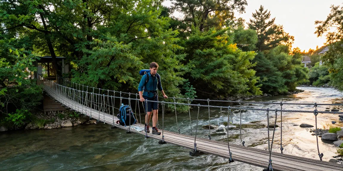 Adventurer crossing a River Rope Bridge at sunset, showcasing outdoor exploration.