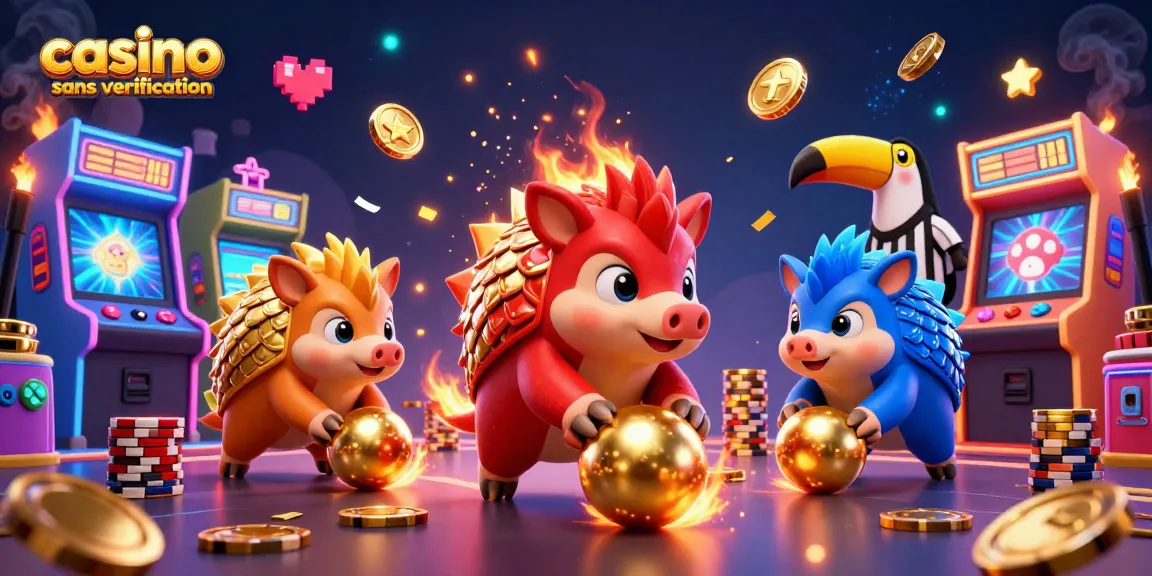 Scène dynamique illustrant un casino sans vérification avec des pangolins en compétition et des éléments de jeu colorés.