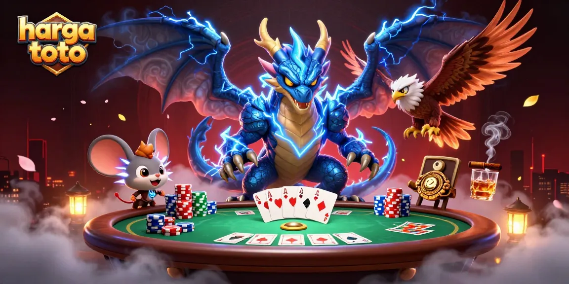 Menggambarkan harga toto melalui ilustrasi 3D karakter kasino, naga petir, dan poker.