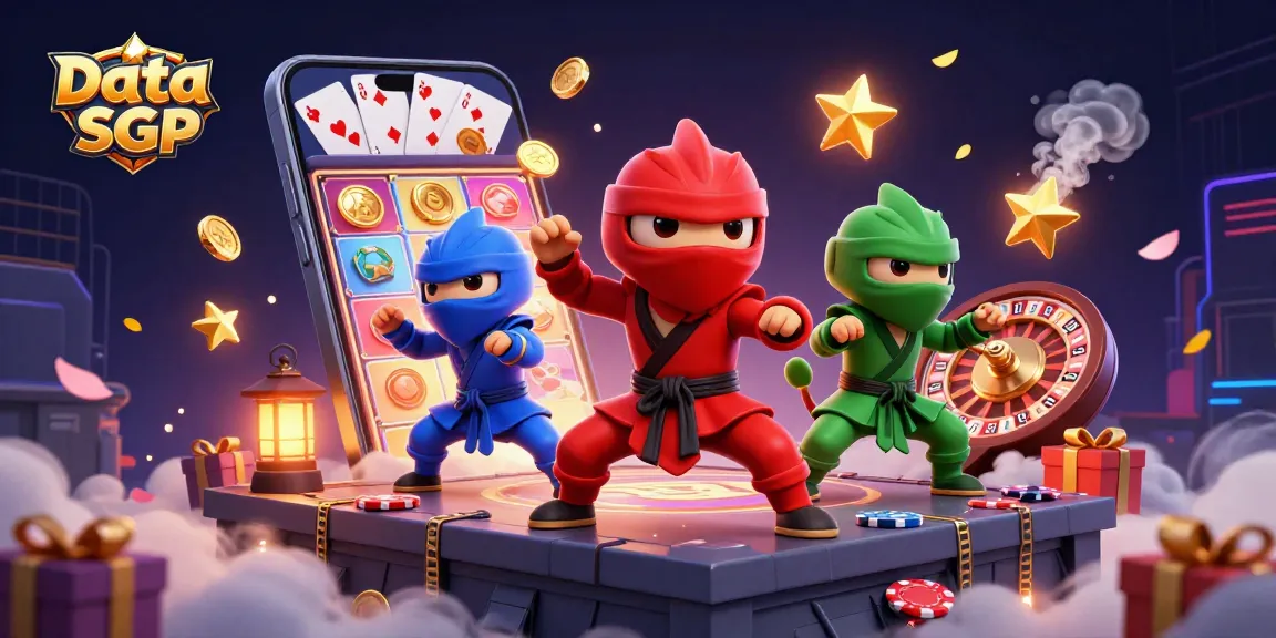 Engage in thrilling casino action with Data SGP as animated chameleons showcase excitement among lively slot game elements.