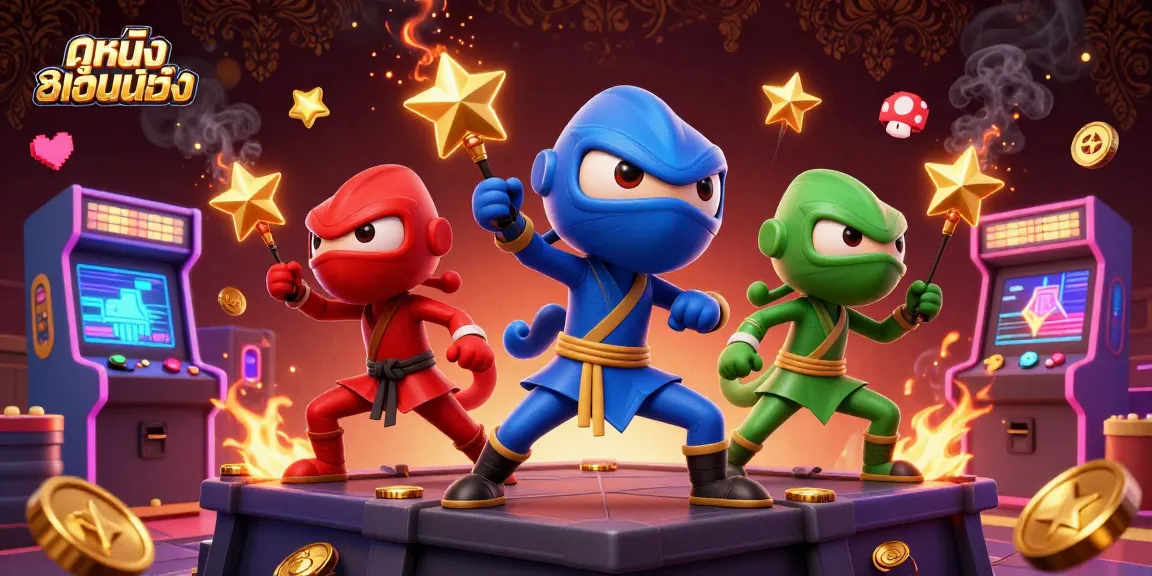 Experience ดูหนังออนไลน์ with an action-packed scene featuring chameleons in martial arts poses surrounded by gaming elements.