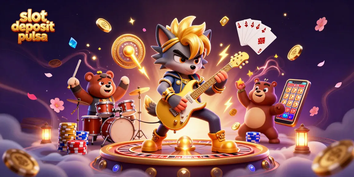 Engaging scene of slot deposit pulsa with cartoon characters celebrating wins amidst coins and casino elements.