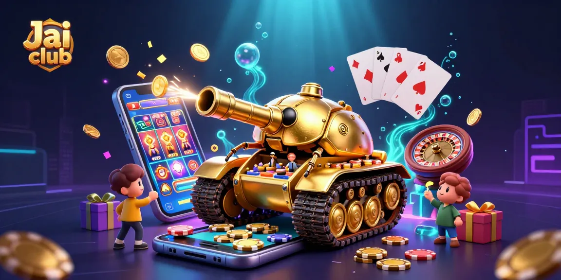 Engage in thrilling games at Jai club with a vivid 3D casino scene featuring vibrant slot games and festive elements.