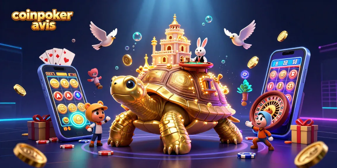CoinPoker avis : Jouez avec la tortue dorée et le croupier en direct dans un casino 3D.