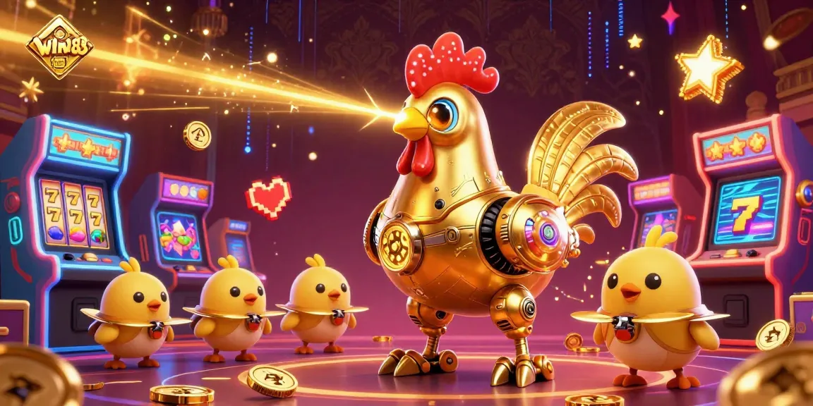 Experience Win88 with an ultra-detailed 3D casino illustration featuring golden rooster robots and vibrant game elements.