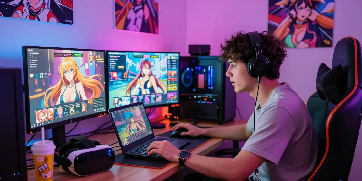 Engaging gamer immersed in a thrilling hentai game experience.