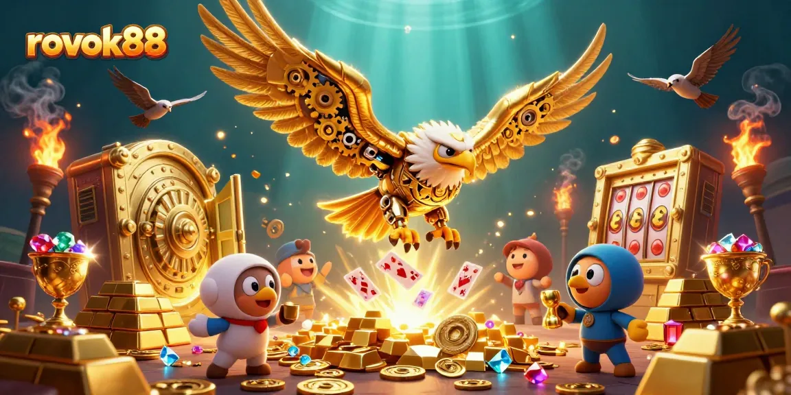 Experience the excitement of rokok88 with a thrilling 3D eagle diving through casinos of gold and gems.