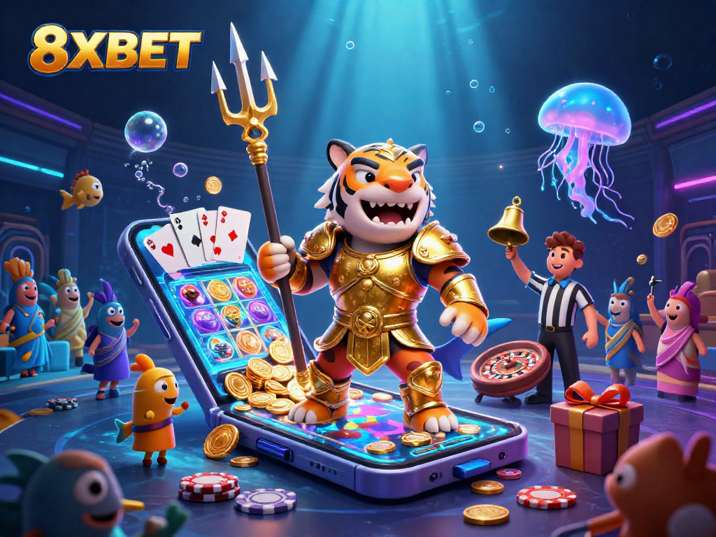 Engage with 8XBET in this vibrant underwater casino scene featuring a gladiator shark and dynamic gaming elements.