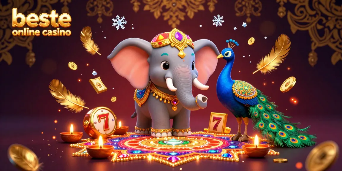 Engage with the beste online casino illustrated scene featuring a decorated elephant, peacock, and vibrant casino elements in 3D.
