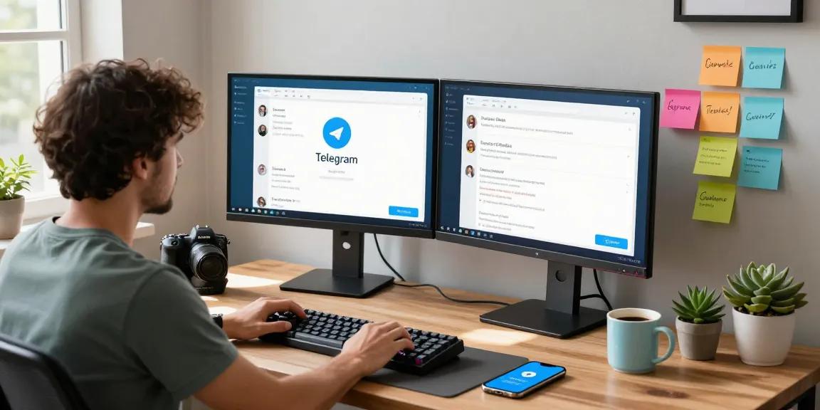 Dynamic tech workspace featuring telegramin-cn.com app interface on dual monitors with a developer engaged in communications.