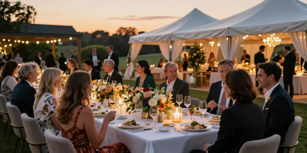 Event furniture rental showcasing luxurious table settings and ambient lighting at an outdoor venue.