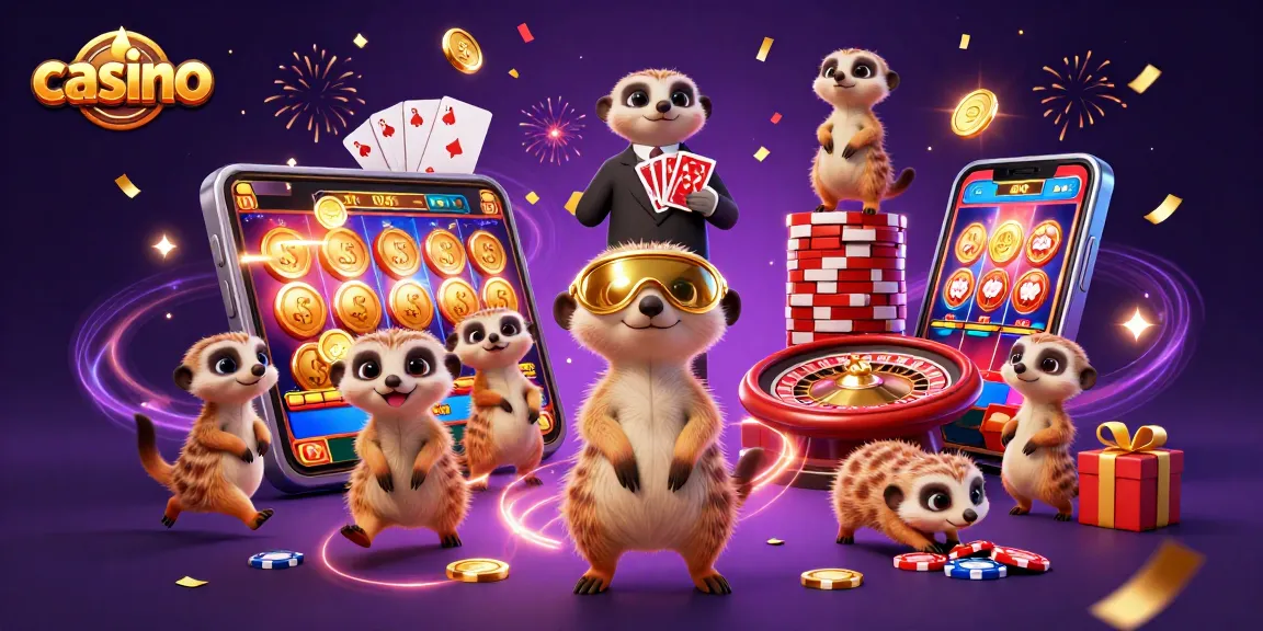 Delightful 3D illustration of a meerkat-run casino featuring vibrant games and dynamic characters.
