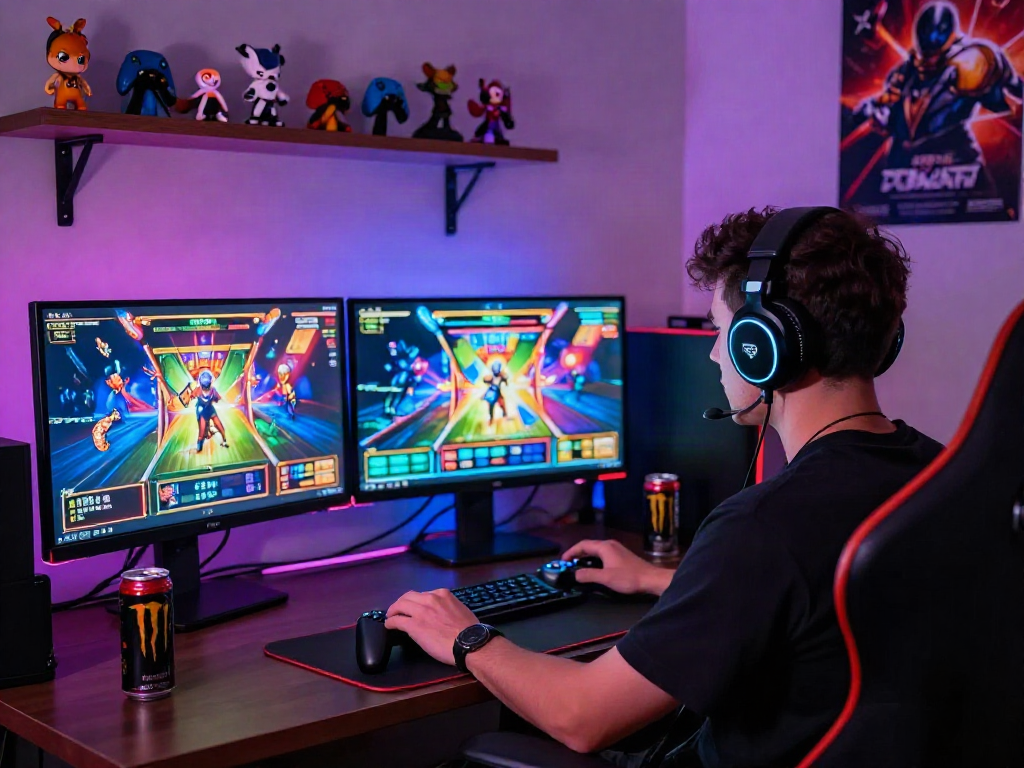 Gamer playing slot depo 10k on dual monitors in a vibrant gaming setup